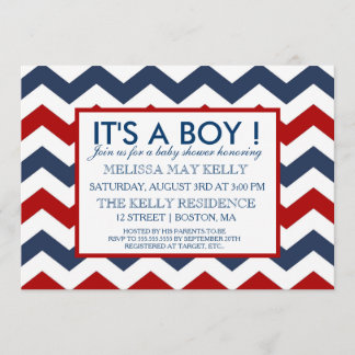 Chevron Navy & Red Nautical Baby Shower Invitation