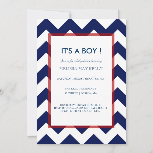 Chevron Navy & Red Nautical Baby Shower Invitation (Front)