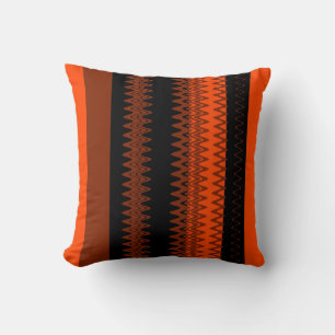 Chevron Orange, Black Zigzag Stripes Art Design Cushion