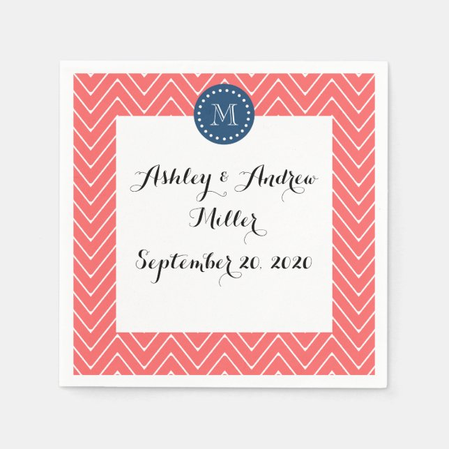 Chevron Pattern 2A Monogram Coral, Navy Blue Napkin (Front)
