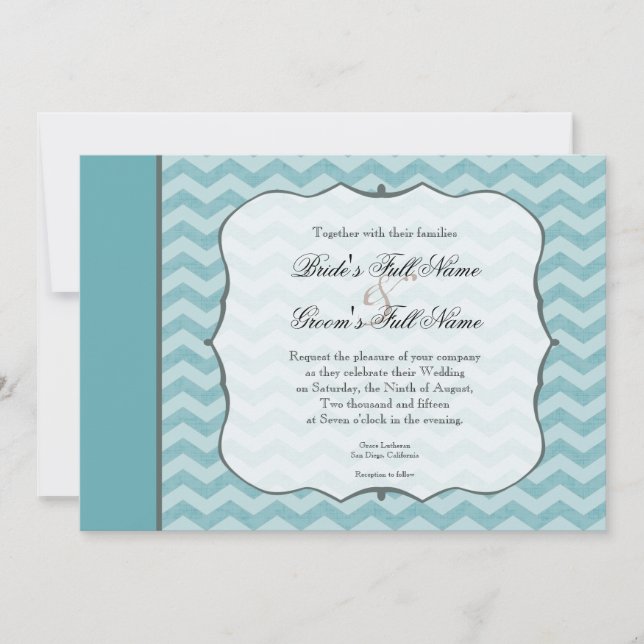 Chevron Pattern Bracket Frame Teal Blue Wedding Invitation (Front)