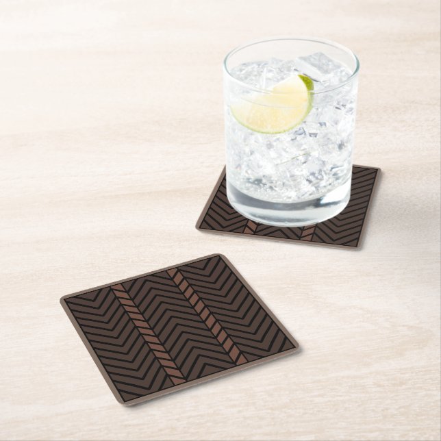 Chevron Pattern Brown Square Paper Coaster (Insitu)
