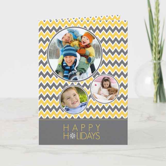 Chevron Pattern Family Holiday Card (yellow/grey) (Front)