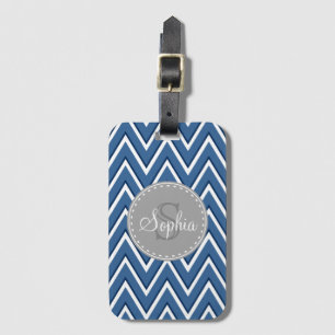Chevron Pattern Navy Blue and Grey Monogram Luggage Tag