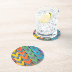 Chevron Pattern On Wood Texture by Shirley Taylor Round Paper Coaster