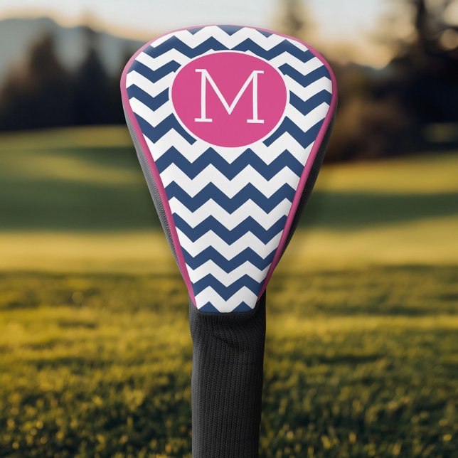 Chevron Pattern with Monogram - Navy Hot Pink Golf Head Cover (Personalized Golf Head Cover)