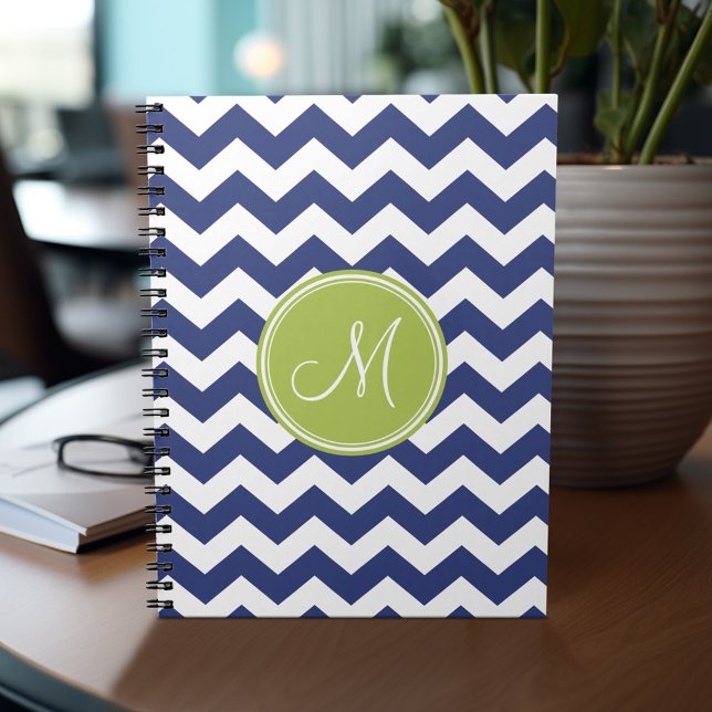 Chevron Pattern with Monogram - Navy Lime Spiral Notebook (Personalized notebook - add your name or other text)