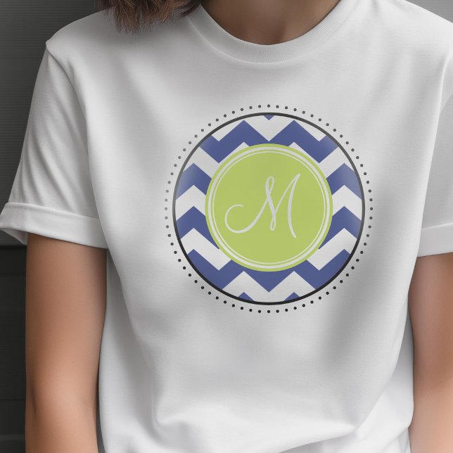Chevron Pattern with Monogram - Navy Lime T-Shirt (Custom Photo T-shirt)