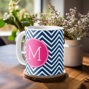 Chevron Pattern with Monogram - Navy Magenta Coffee Mug