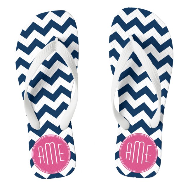 Chevron Pattern with Monogram - Navy Magenta Jandals (Footbed)