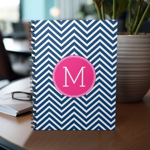 Chevron Pattern with Monogram - Navy Magenta Spiral Notebook