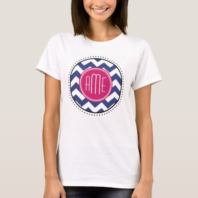 Chevron Pattern with Monogram - Navy Magenta T-Shirt (Front)