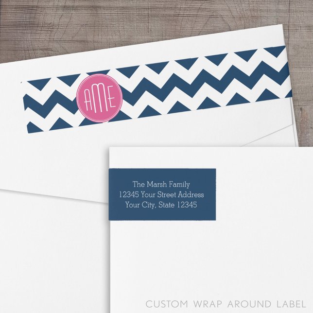 Chevron Pattern with Monogram - Navy Magenta Wrap Around Label (Custom Return Address Label with a Wrap Around Feature)