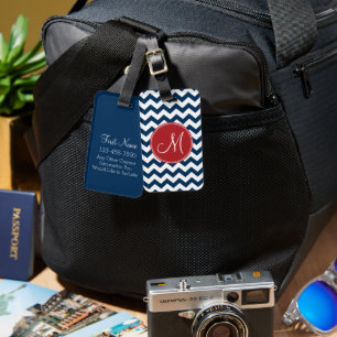 Chevron Pattern with Monogram - Navy Red Luggage Tag