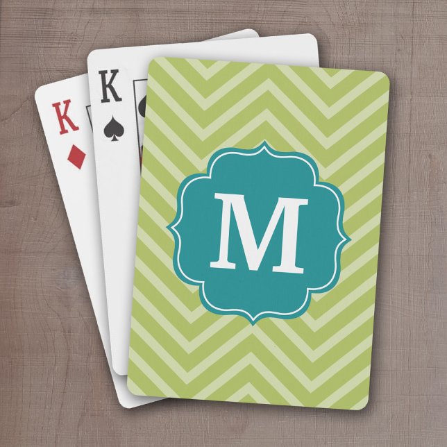 Chevron Pattern with Monogram - Teal Blue and Lime Playing Cards (Personalize this set of playing cards with a monogram and and chevron pattern)