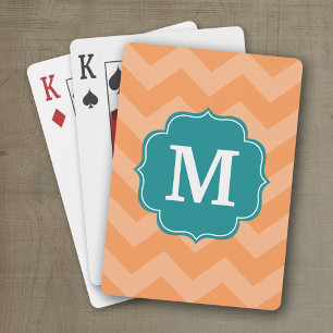 Chevron Pattern with Monogram - Teal Blue & Orange Playing Cards