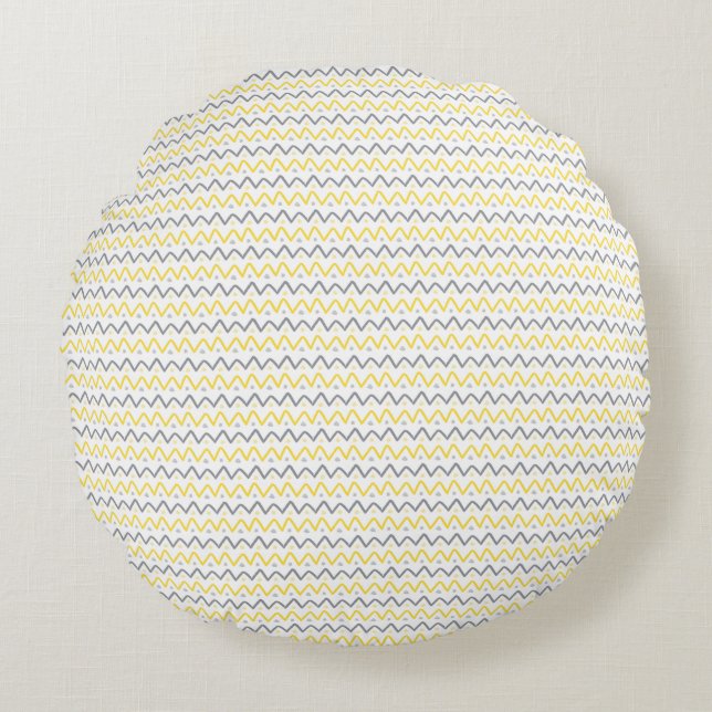 Chevron Pattern Yellow & Grey Round Pillow (Front)