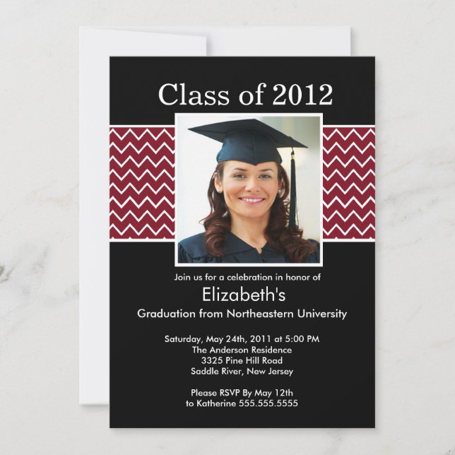 Chevron Photo Graduation Invitation - Maroon Black (Front)