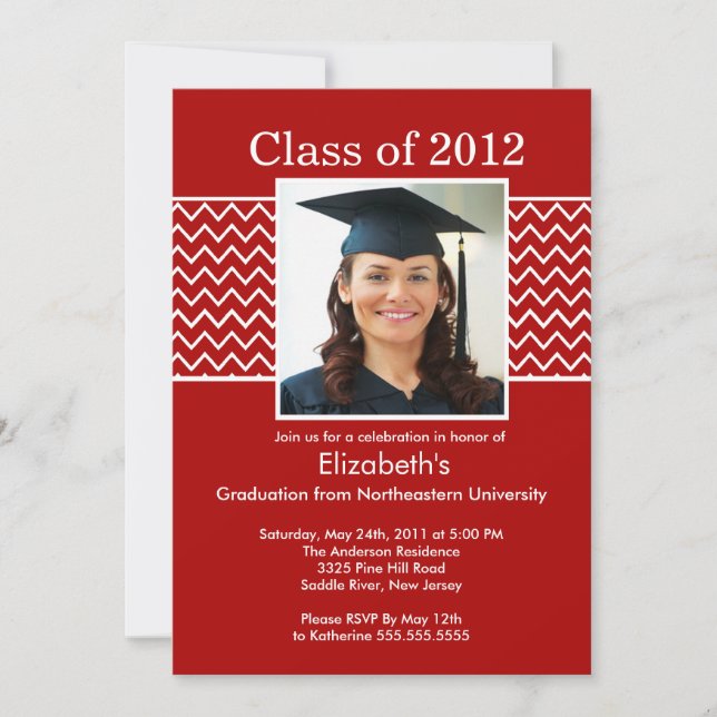 Chevron Photo Graduation Invitation - Red & White (Front)