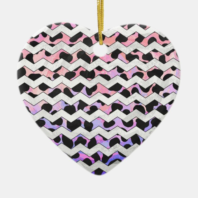 Chevron Pink and Black Dalmation Ceramic Tree Decoration (Front)