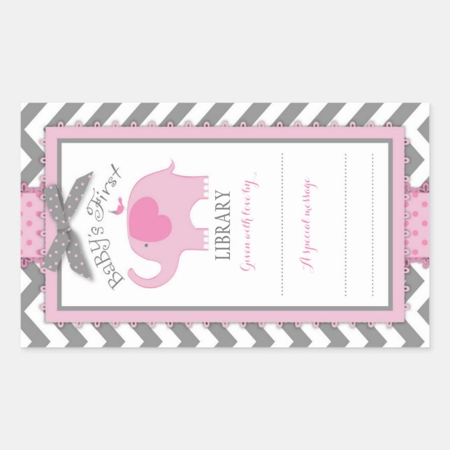 Chevron Pink Elephant Book Plate Label (Front)
