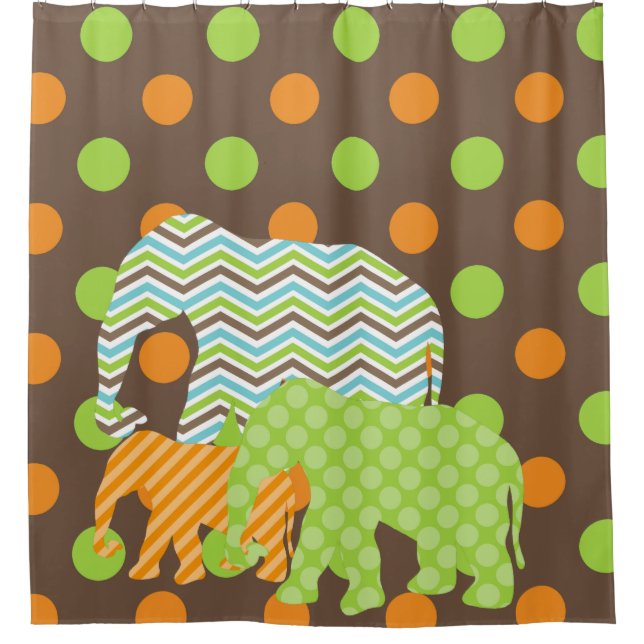 Chevron Polka Dots Stripes Colourful Elephants Shower Curtain (Front)