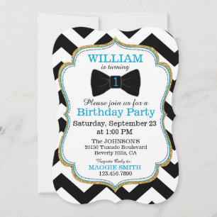 Chevron Print Bowtie and Gold Glitter Birthday Invitation