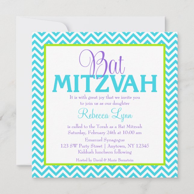 Chevron Purple Teal Blue Green Bat Mitzvah Invitation (Front)