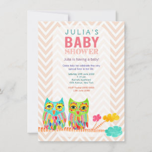 Chevron Rainbow Owls in Tree Baby Shower Invite