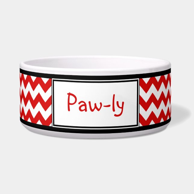 Chevron Red & White Personalised Dog Bowl (Front)