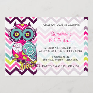 Chevron Retro Groovy Owl Birthday Party Invitation