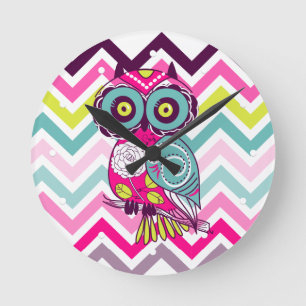Chevron Retro Groovy Owl Round Clock