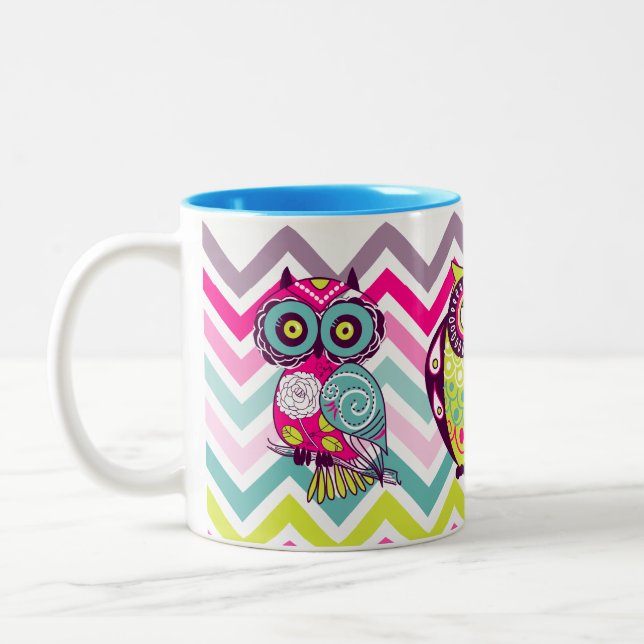 Chevron Retro Groovy Owls Two-Tone Coffee Mug (Left)