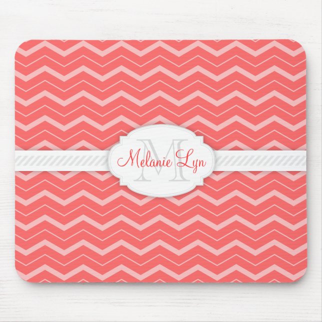 Chevron (Salmon) Custom Monogram and Name Mouse Pad (Front)