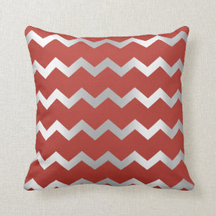 Chevron Silver Grey Grey Stripes Lines Red Ruby Cushion