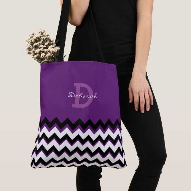 Chevron Stripes + name on purple Tote Bag (Close Up)