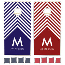 Chevron Stripes Navy Blue Red Monogram Family Name