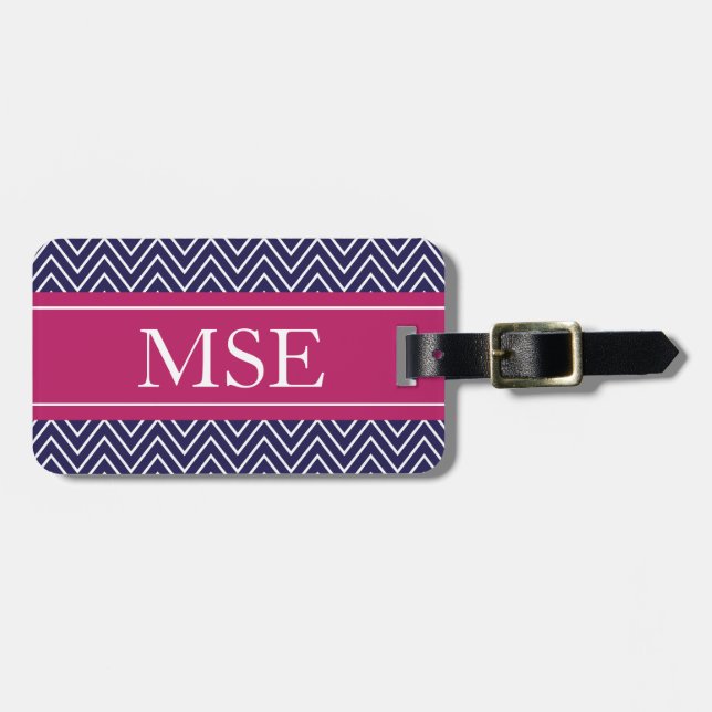 Chevron Stripes Personalised Monogram Navy Berry Luggage Tag (Front Horizontal)