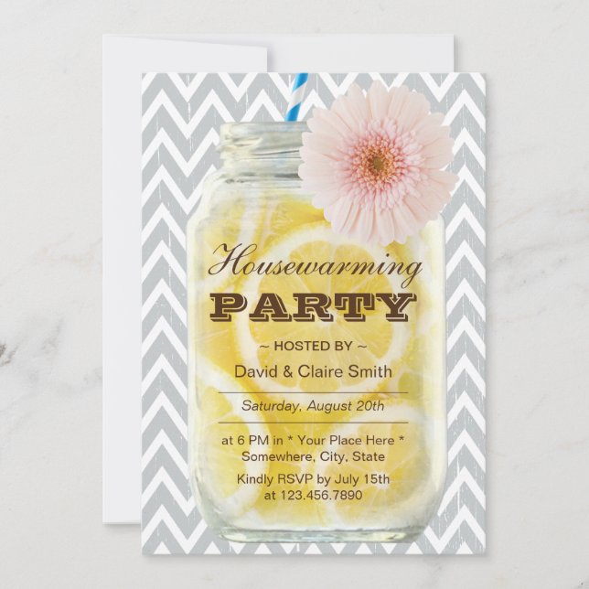 Chevron Stripes Summer Lemonade Housewarming Party Invitation (Front)