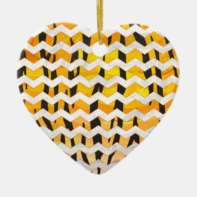 Chevron Tiger Black and Orange Print Ceramic Tree Decoration (Front)