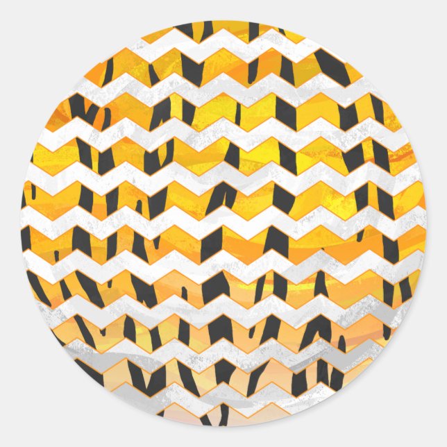 Chevron Tiger Black and Orange Print Classic Round Sticker (Front)