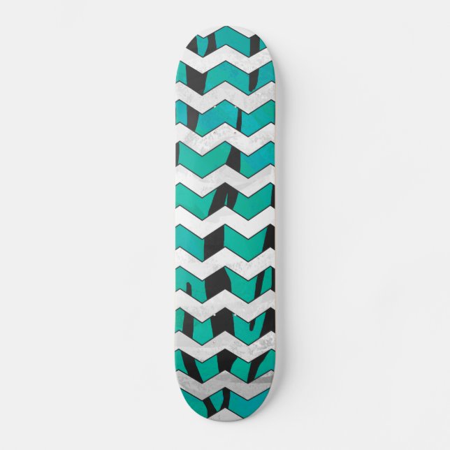 Chevron Tiger Black and Teal Print Skateboard (Front)