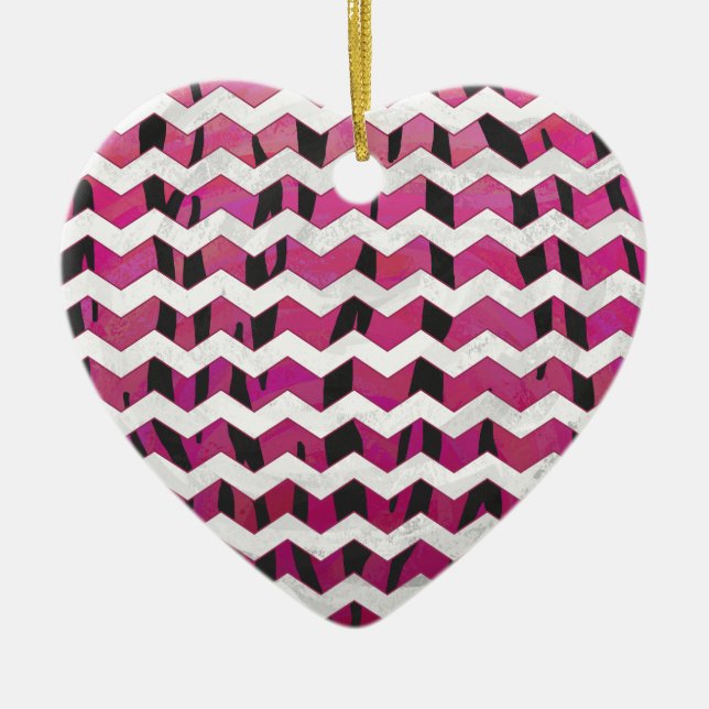 Chevron Tiger Hot Pink and Black Print Ceramic Tree Decoration (Front)