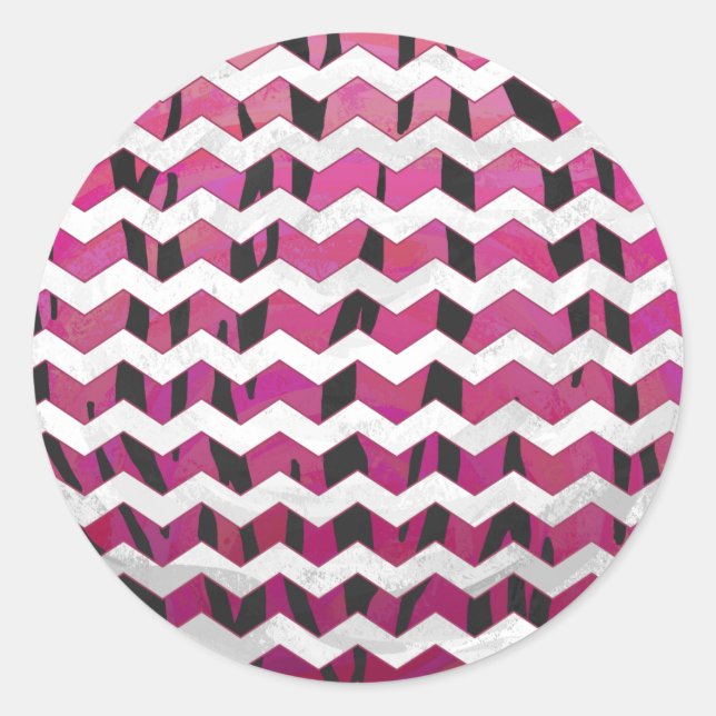 Chevron Tiger Hot Pink and Black Print Classic Round Sticker (Front)