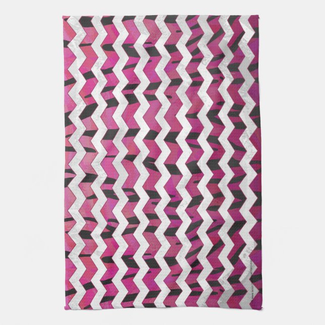 Chevron Tiger Hot Pink and Black Print Tea Towel (Vertical)