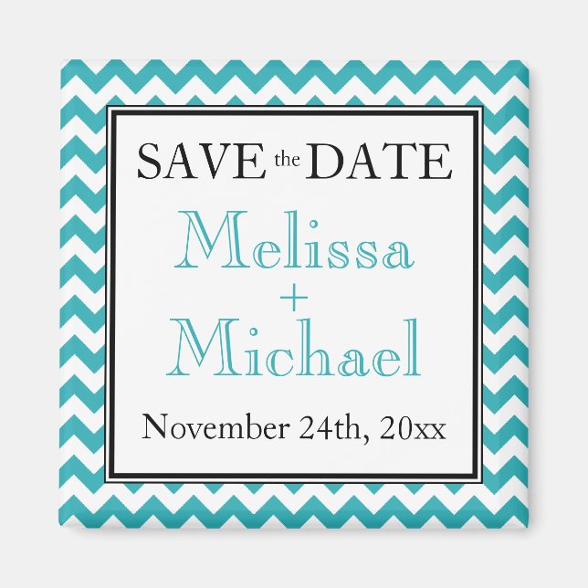 Chevron Turquoise & White Save the Date magnet (Front)