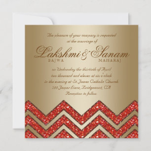 Chevron Wedding Invite Sparkle Orange Brown Gold