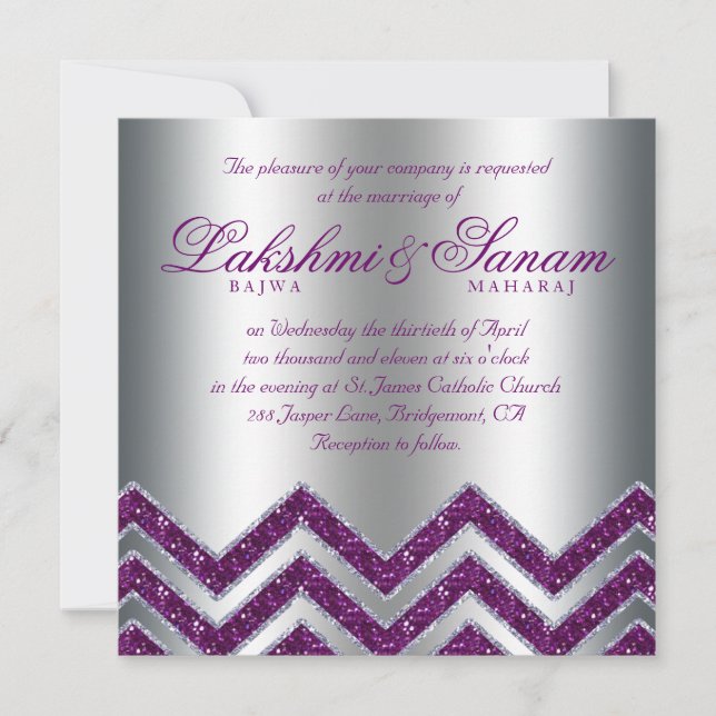 Chevron Wedding Invite Sparkle Purple Silver 2 (Front)
