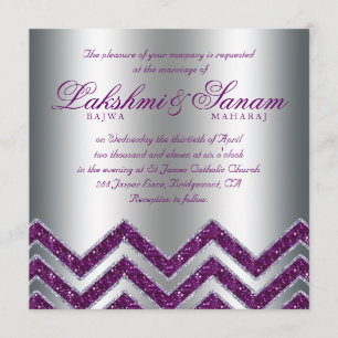 Chevron Wedding Invite Sparkle Purple Silver 2