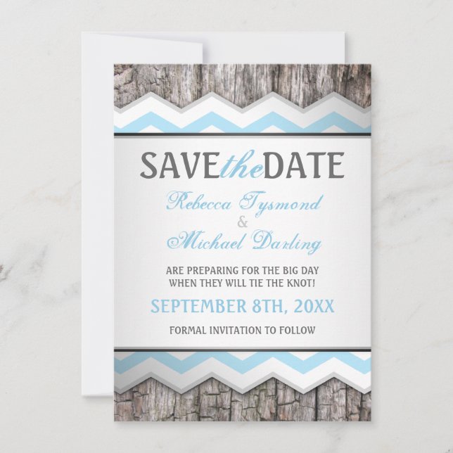 Chevron & Wood Rustic Save the Date Announcements (Front)